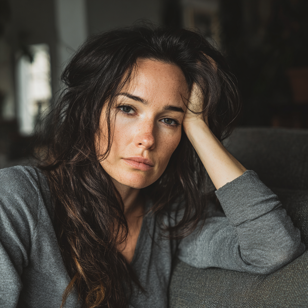 Une femme bouleversée assise sur un canapé | Source : Midjourney