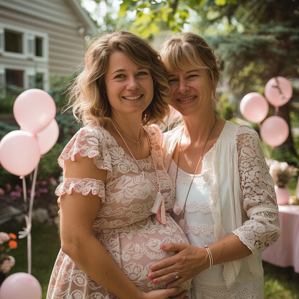 Une mère qui serre sa fille enceinte dans ses bras lors d'une fête de révélation du sexe | Source : Midjourney