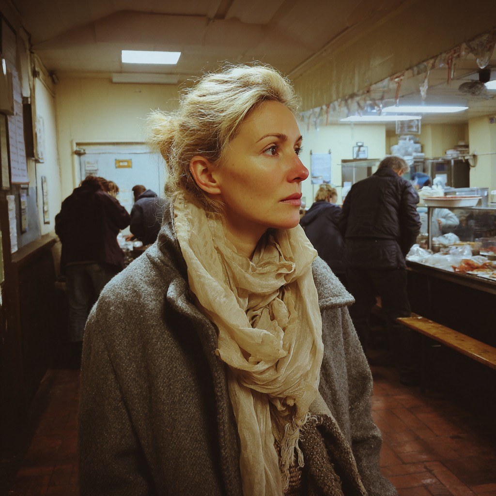 Vue latérale d'une femme portant un manteau gris et une écharpe | Source : Midjourney