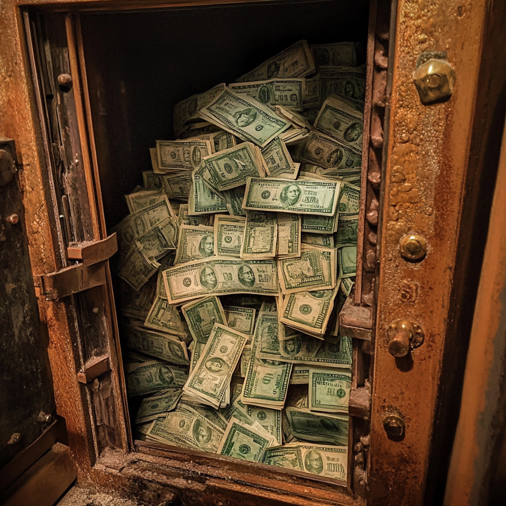 Des milliers de billets de dollars américains à l'intérieur d'un ancien coffre-fort | Source : Midjourney