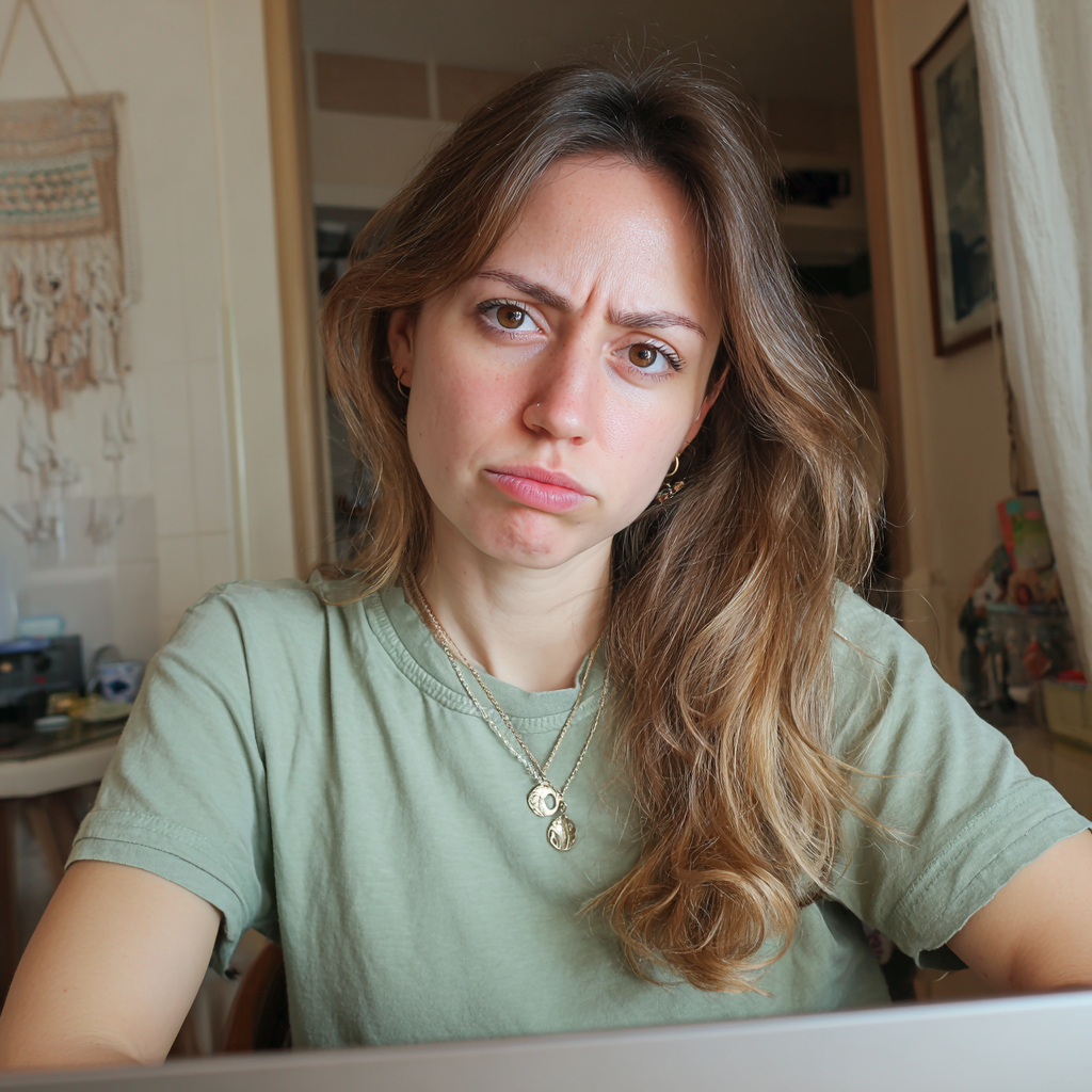 Une femme qui fronce les sourcils, assise à une table | Source : Midjourney