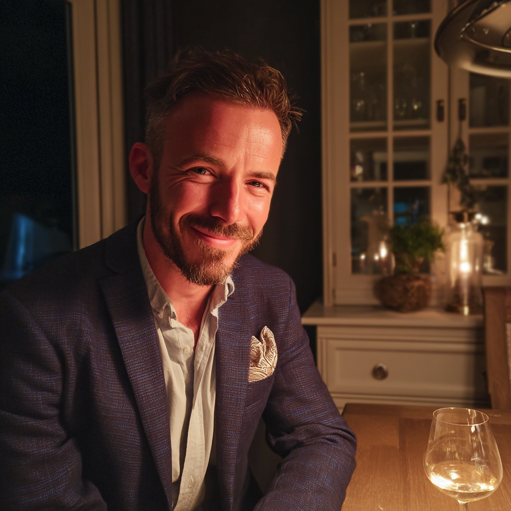 Un homme souriant assis à une table à manger | Source : Midjourney