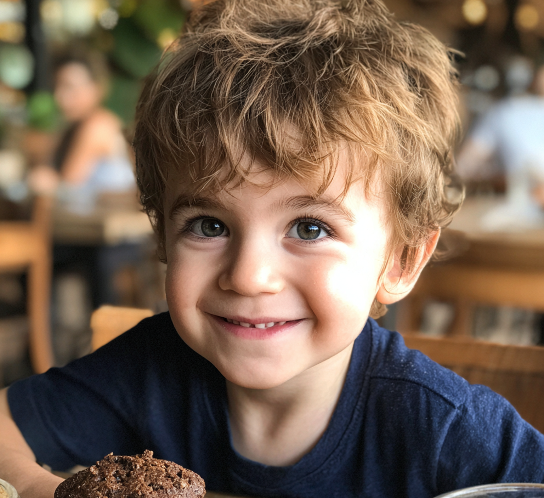 Un petit garçon souriant assis dans un café | Source : Midjourney