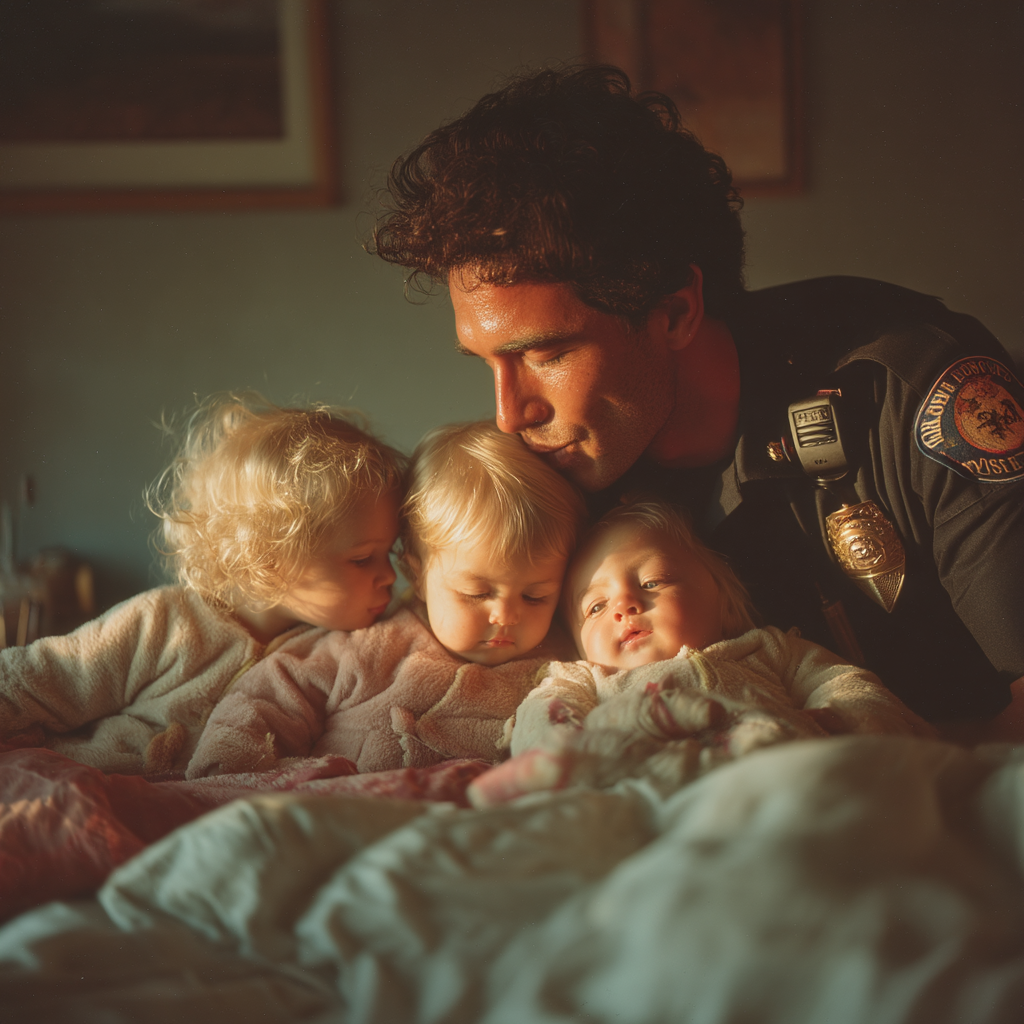 Un homme heureux qui borde ses enfants | Source : Midjourney