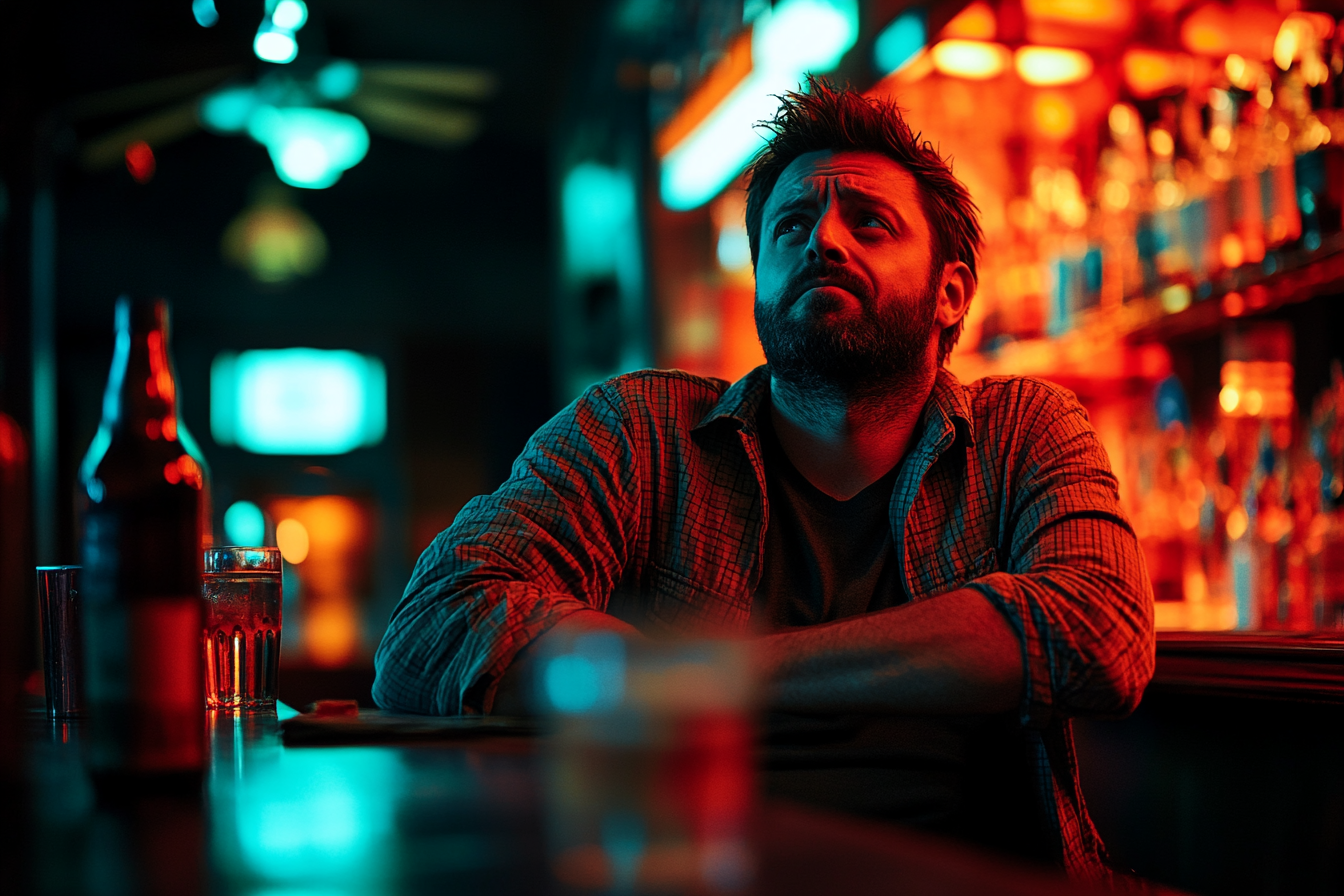 Un homme a l'air triste alors qu'il est assis à un bar | Source : Midjourney
