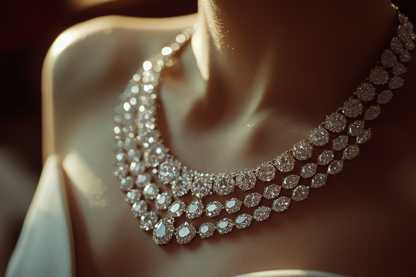 Un collier de gros diamants tape-à-l'œil enroulé autour du cou d'une mariée | Source : Midjourney