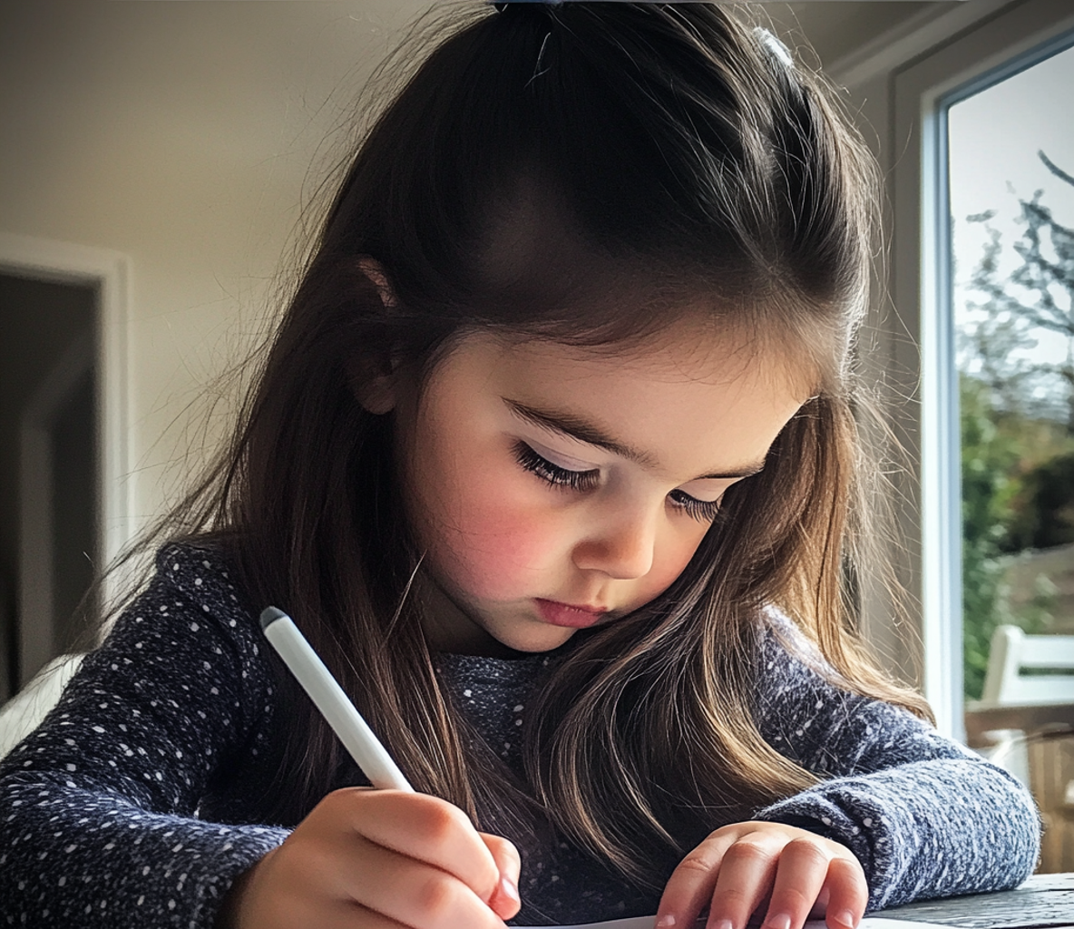 Une petite fille assise à une table | Source : Midjourney