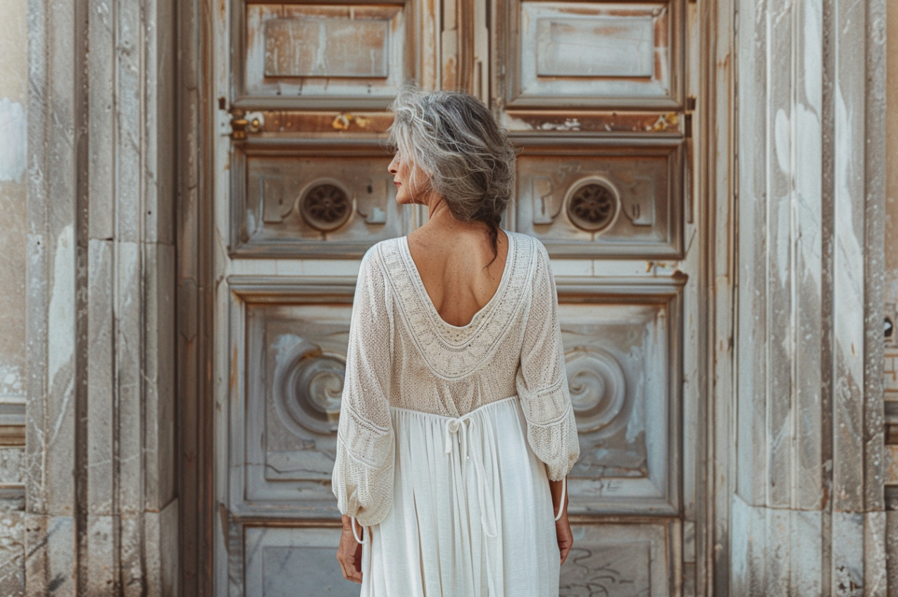 Une femme debout devant des portes | Source : Midjourney