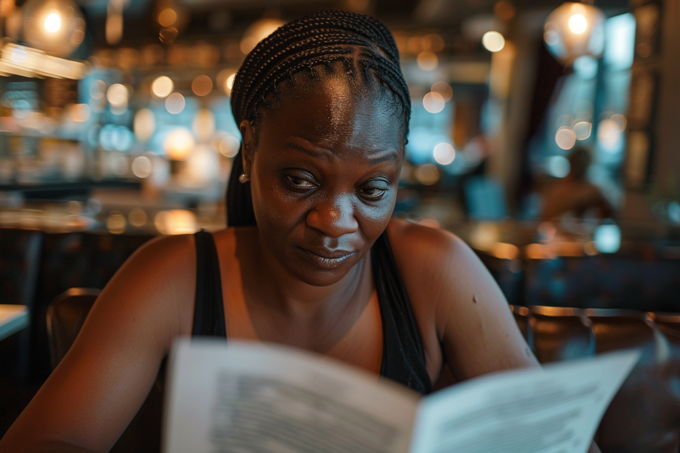 Une femme à l'air triste dans un restaurant | Source : Midjourney