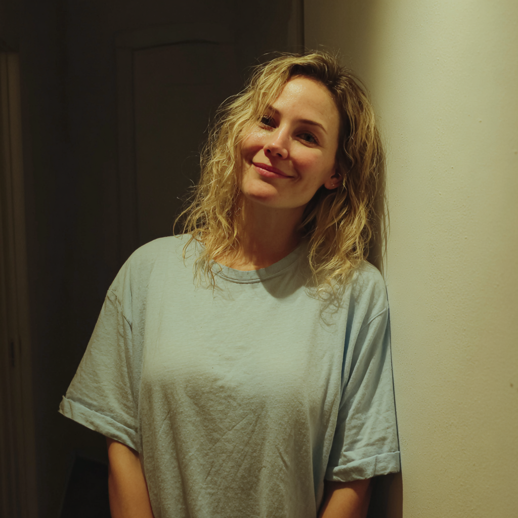 Une femme souriante adossée à un mur | Source : Midjourney