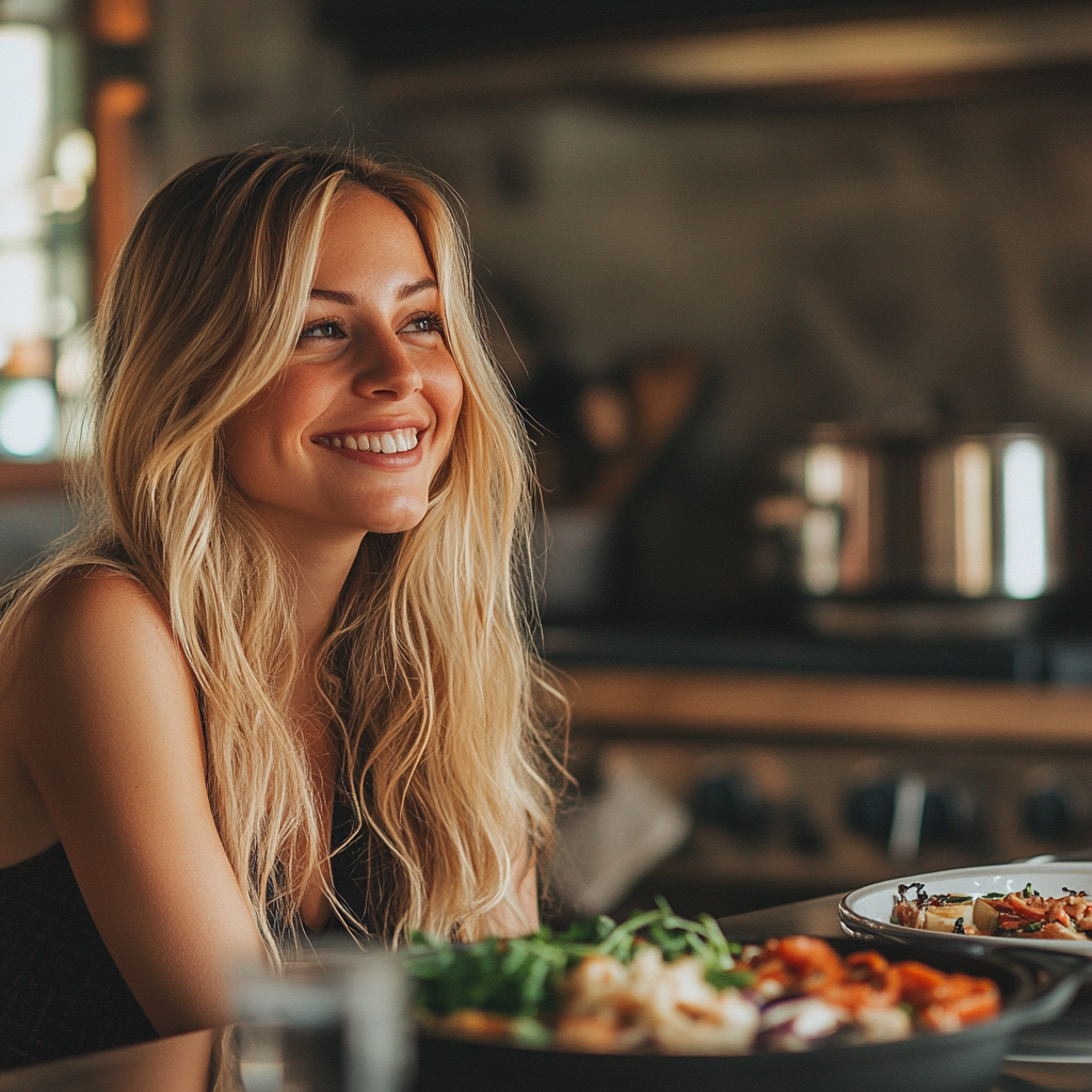 Une femme souriante durant un repas | Source : Midjourney