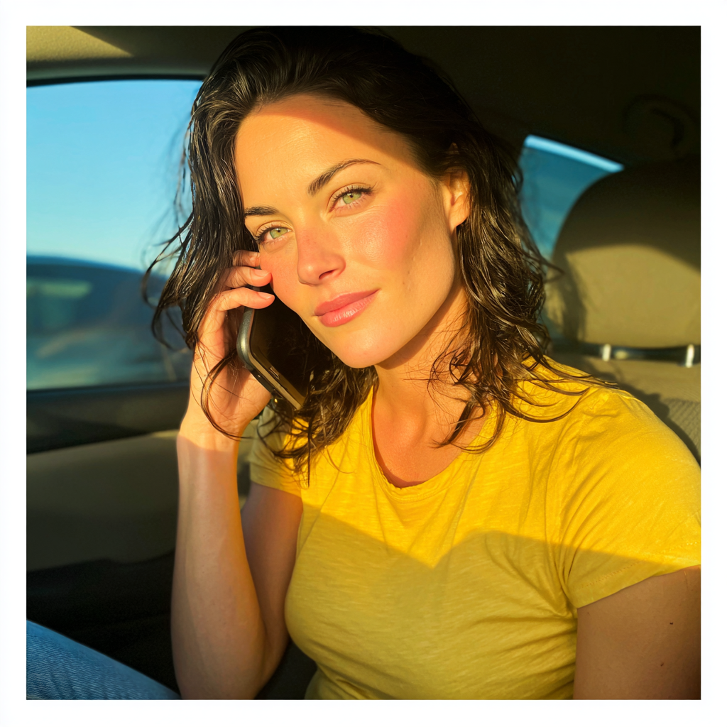 Une femme assise dans une voiture et parlant au téléphone | Source : Midjourney