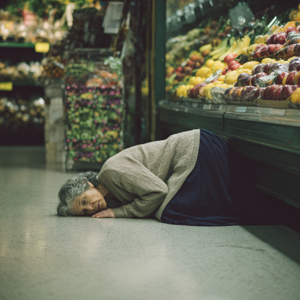 Une femme allongée sur le sol d'un magasin | Source : Midjourney