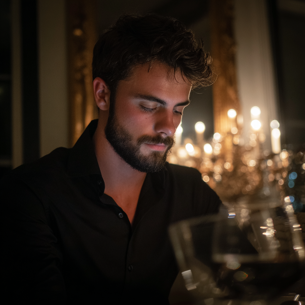 Un homme assis à une table de dîner | Source : Midjourney
