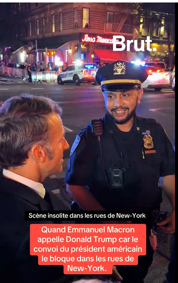 Le président Emmanuel Macron avec un policier du NYPD, extrait d'un post daté du 23 septembre 2025 | Source : Tiktok/@brutofficiel