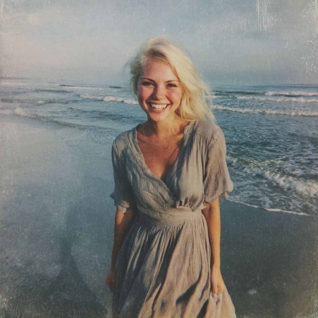 Une femme souriante debout à la plage | Source : Midjourney