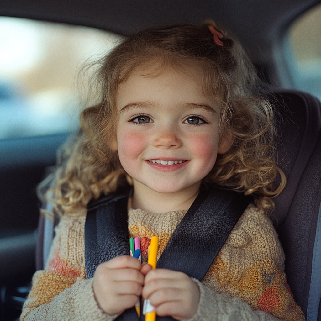 Une fille heureuse sur la banquette arrière d'une voiture | Source : Midjourney