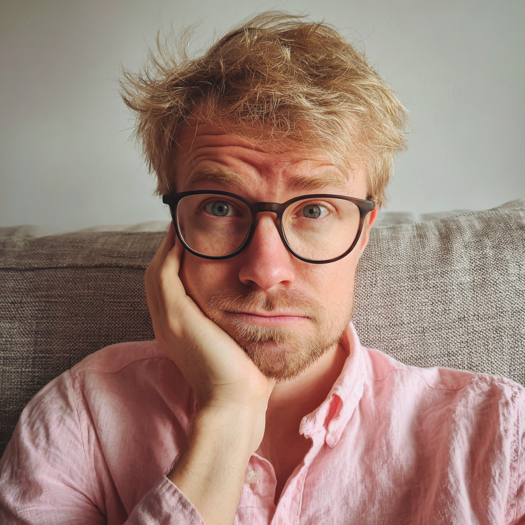 Un homme inquiet assis sur un canapé | Source : Midjourney
