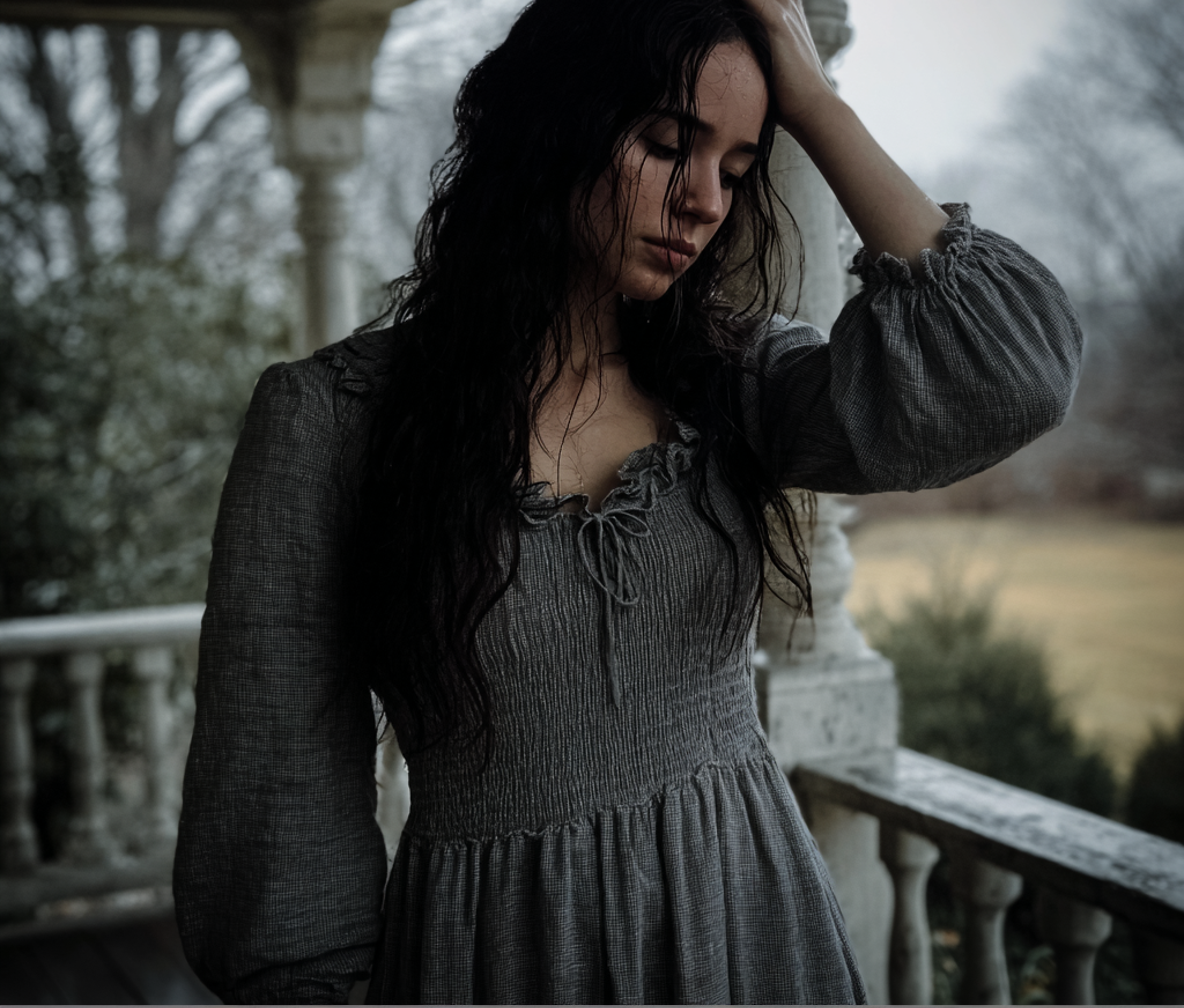 Une femme émotive debout, la main sur la tête | Source : Midjourney