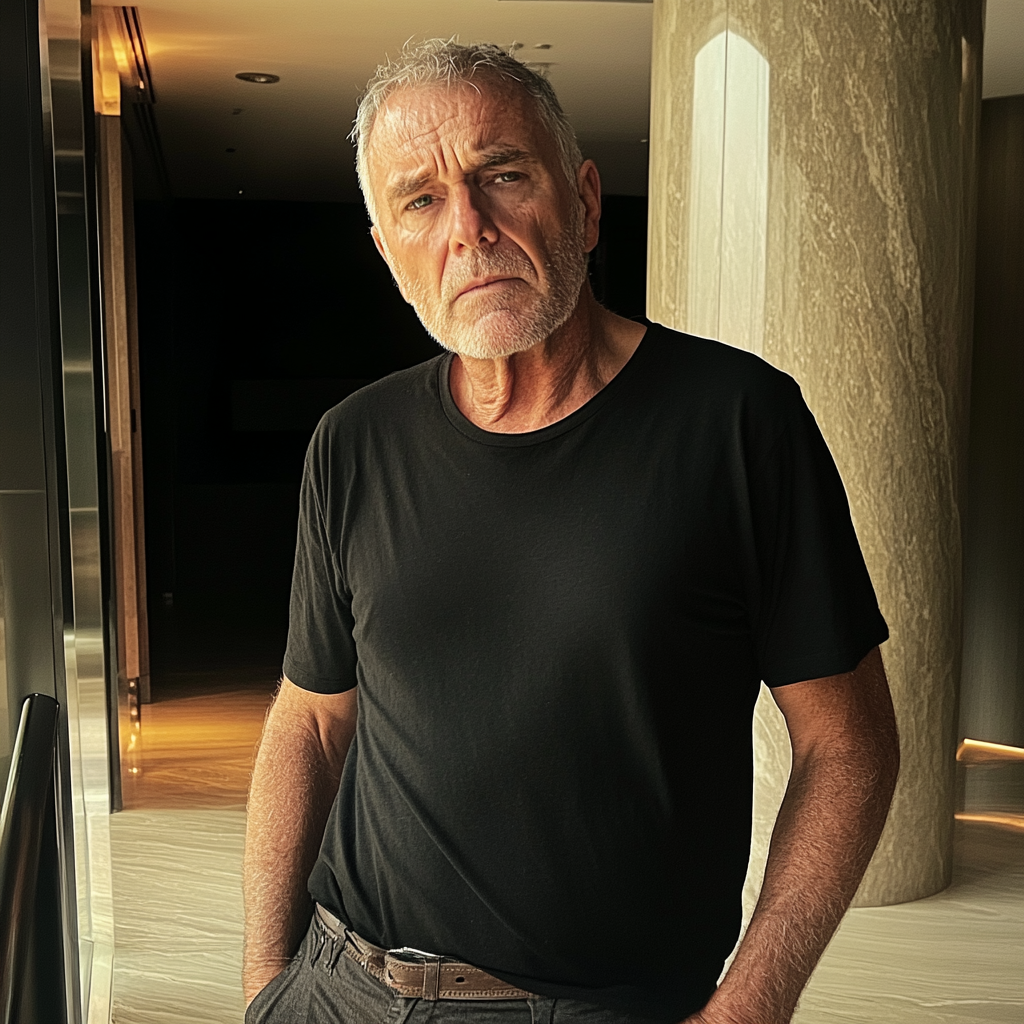 Un homme âgé debout dans le hall d'un hôtel | Source : Midjourney