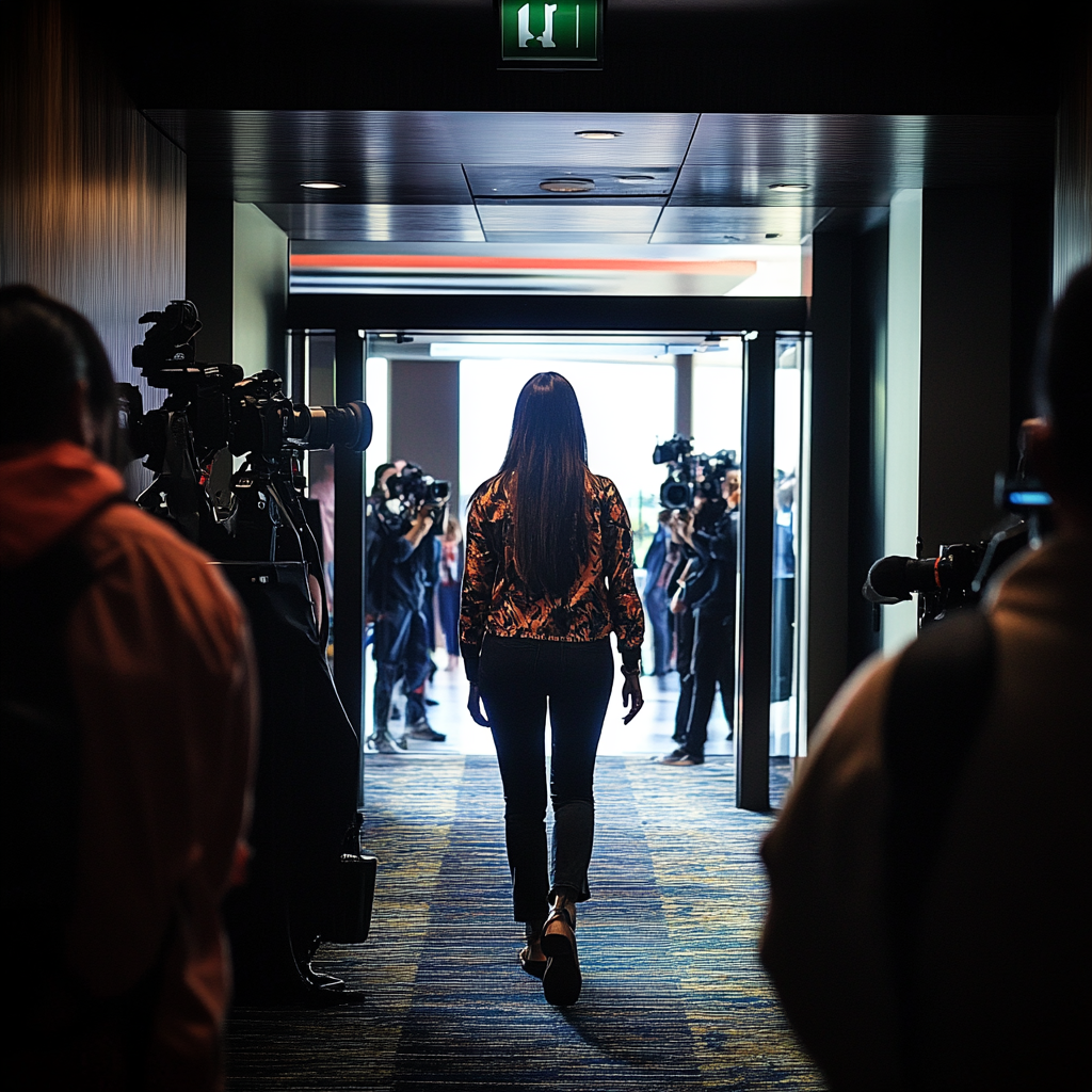 Une femme sortant d'une conférence de presse | Source : Midjourney