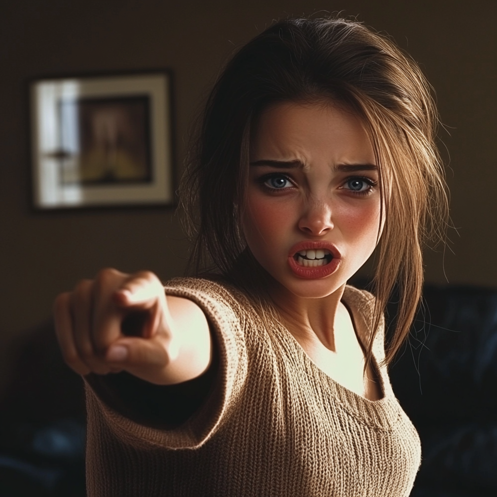 Une femme en colère qui pointe du doigt | Source : Midjourney