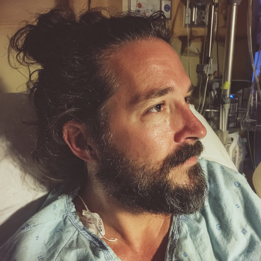 Gros plan sur un homme assis dans un lit d'hôpital | Source : Midjourney
