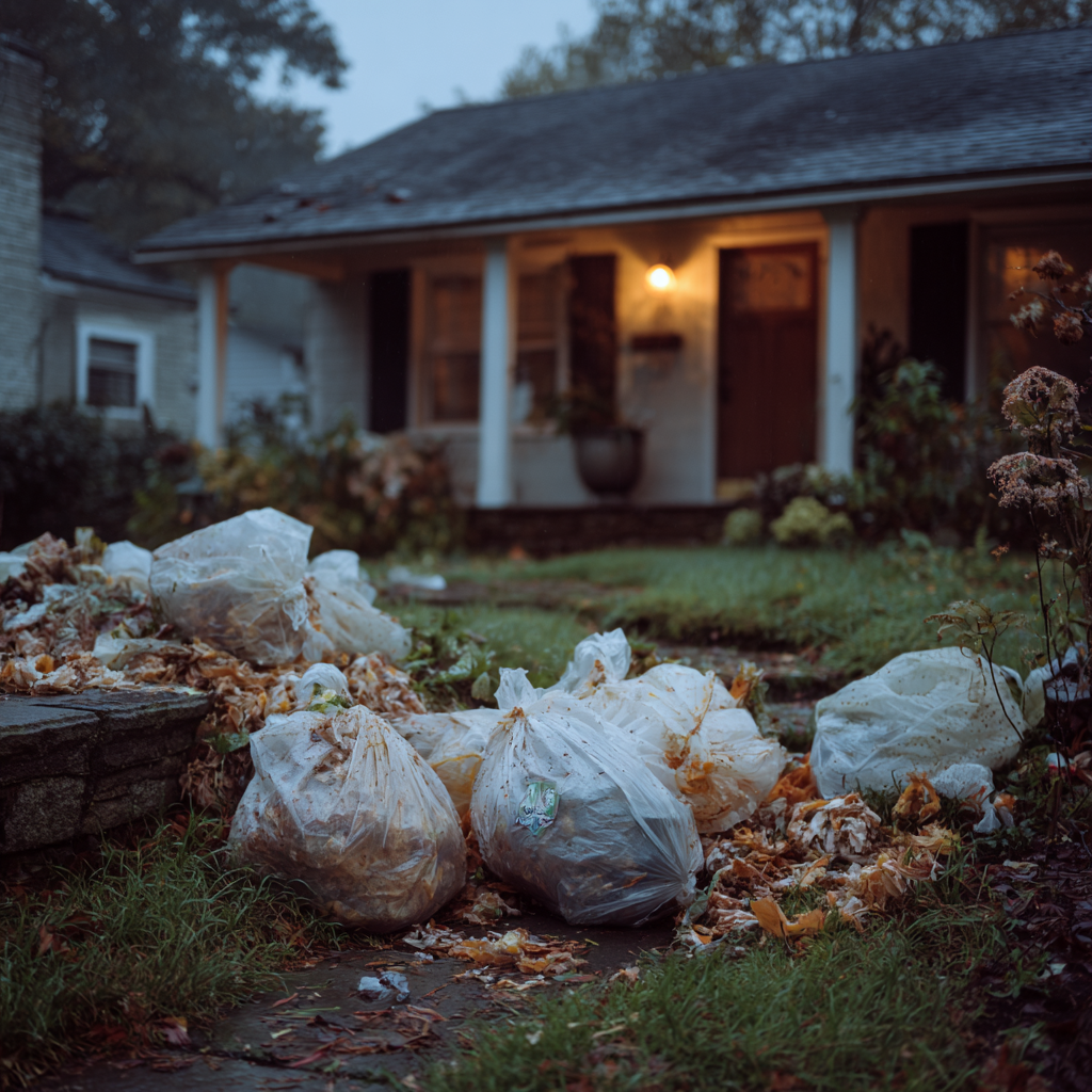 La cour avant d'une maison recouverte de sacs poubelles | Source : Midjourney