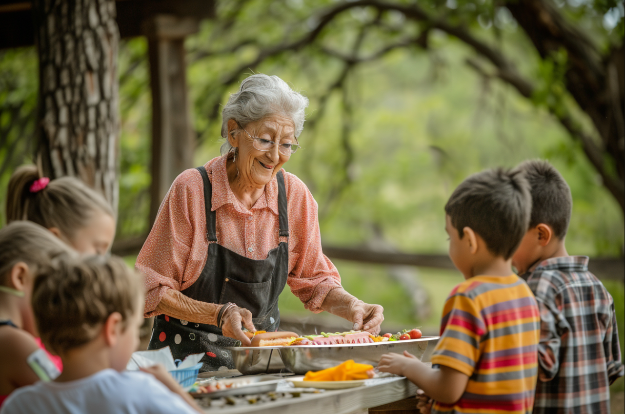 Une dame âgée et joyeuse qui sert de la nourriture aux enfants | Source : MidJourney