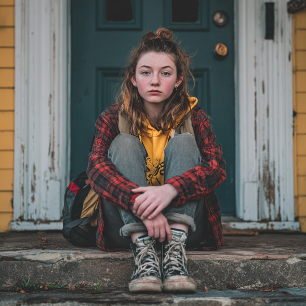 Une jeune fille triste assise sur le pas d'une porte | Source : Midjourney