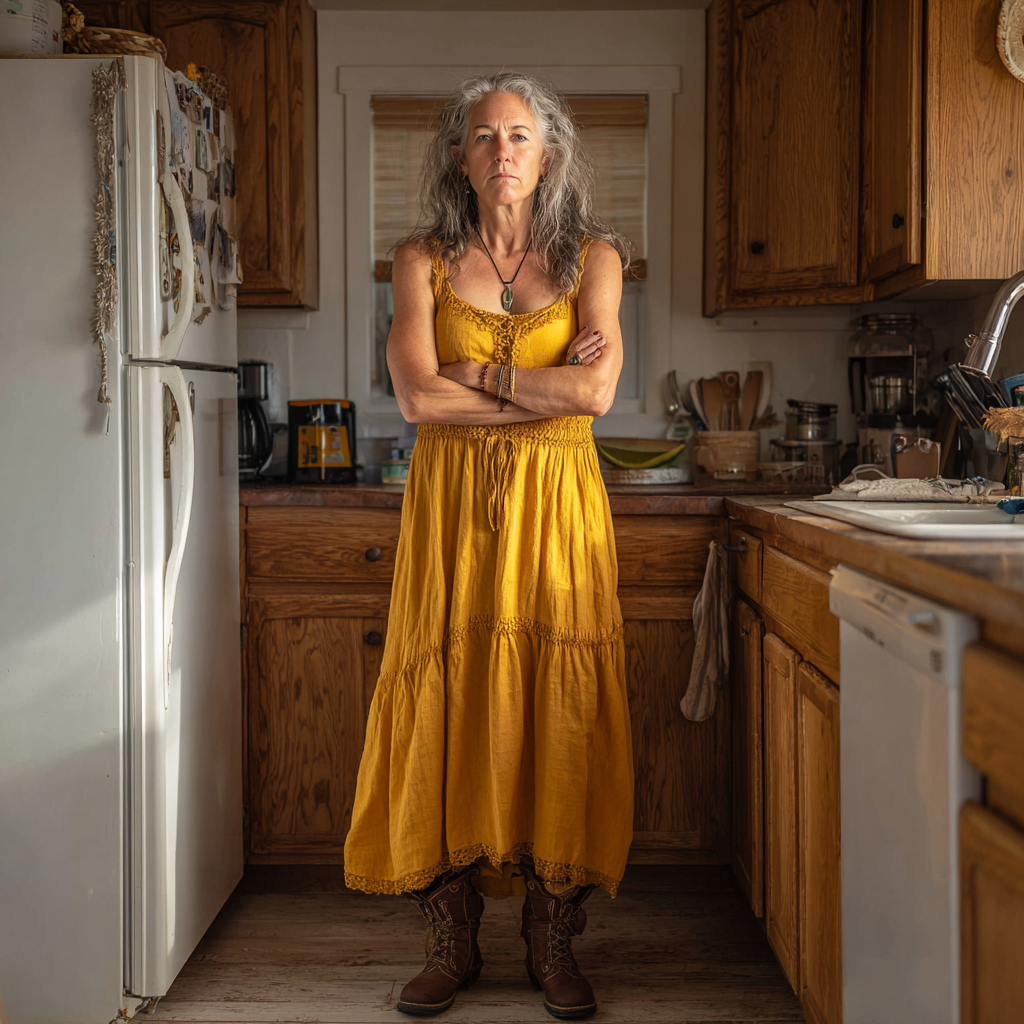Une femme grincheuse debout dans une cuisine | Source : Midjourney