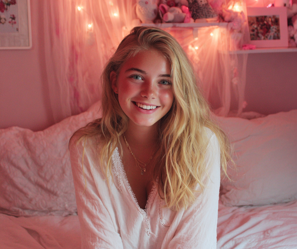 Une fille souriante assise sur son lit | Source : Midjourney