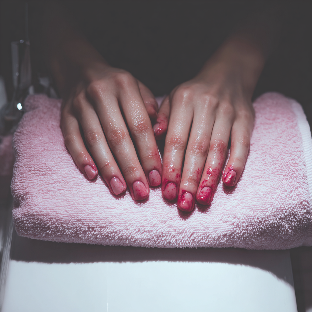 Une femme aux mains tachées de sang dans un salon de manucure | Source : Midjourney