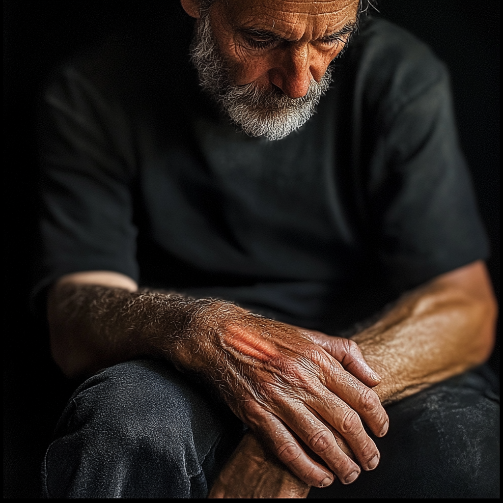 Un homme âgé qui regarde la cicatrice sur sa main | Source : Midjourney