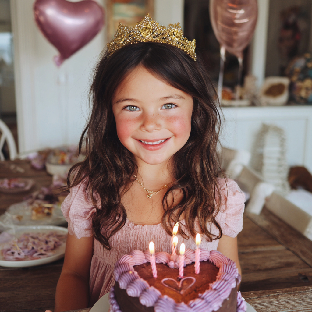 Une petite fille souriante devant un gâteau d'anniversaire | Source : Midjourney