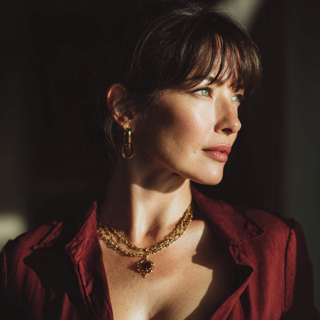 Une femme portant un chemisier rouge et un collier en or | Source : Midjourney
