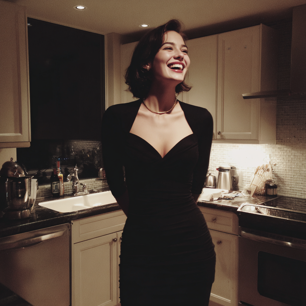 Une femme amusée debout dans une cuisine | Source : Midjourney