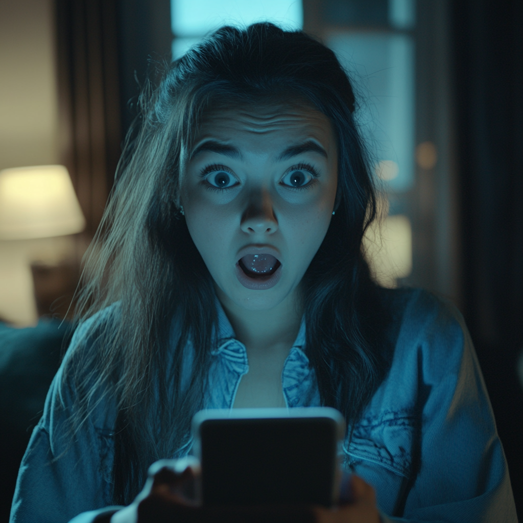 Une femme choquée qui consulte son téléphone | Source : Midjourney
