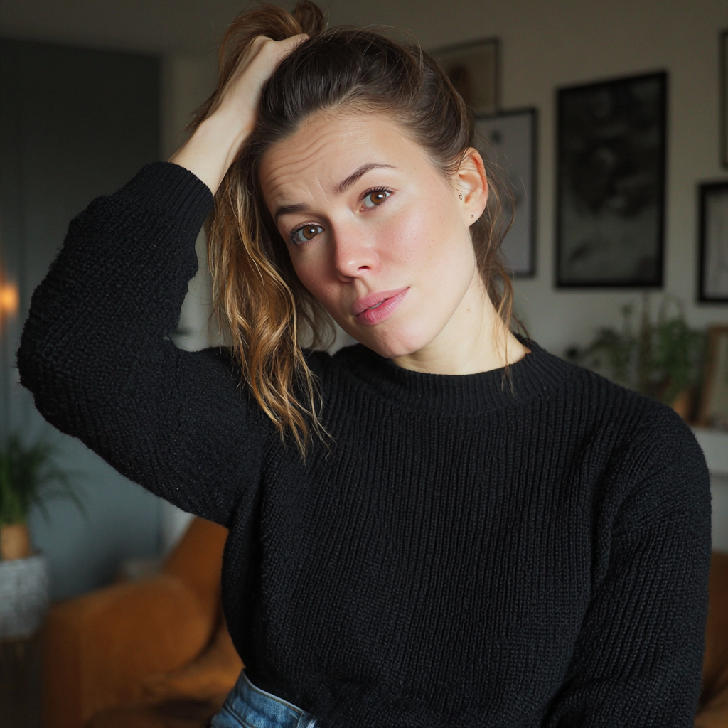 Une femme pensive, la main sur la tête | Source : Midjourney