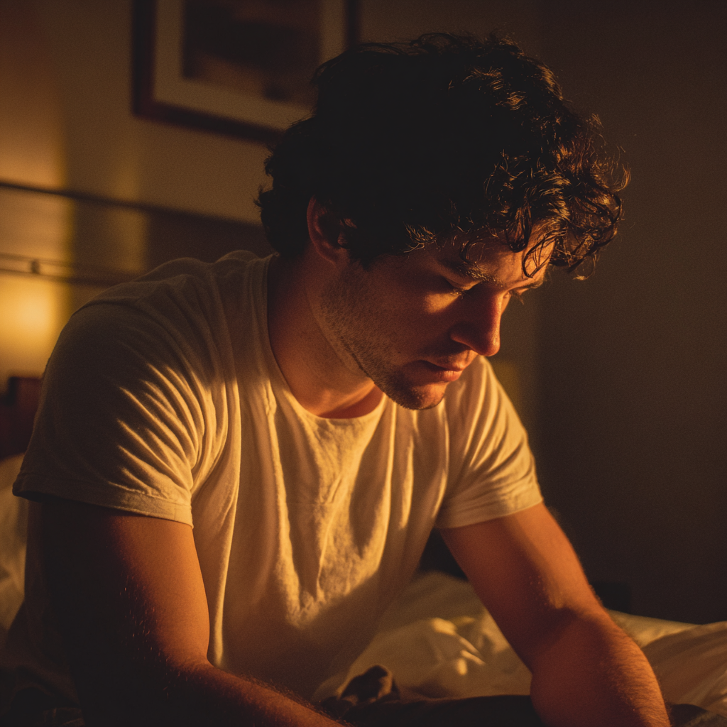 Un homme bouleversé assis sur un lit | Source : Midjourney