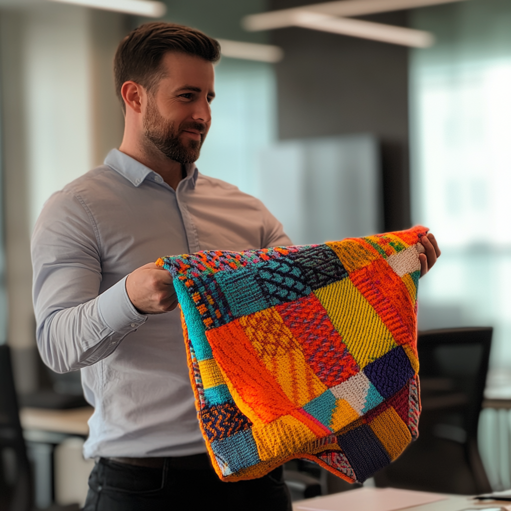 Homme tenant une couverture de bébé colorée | Source : Midjourney