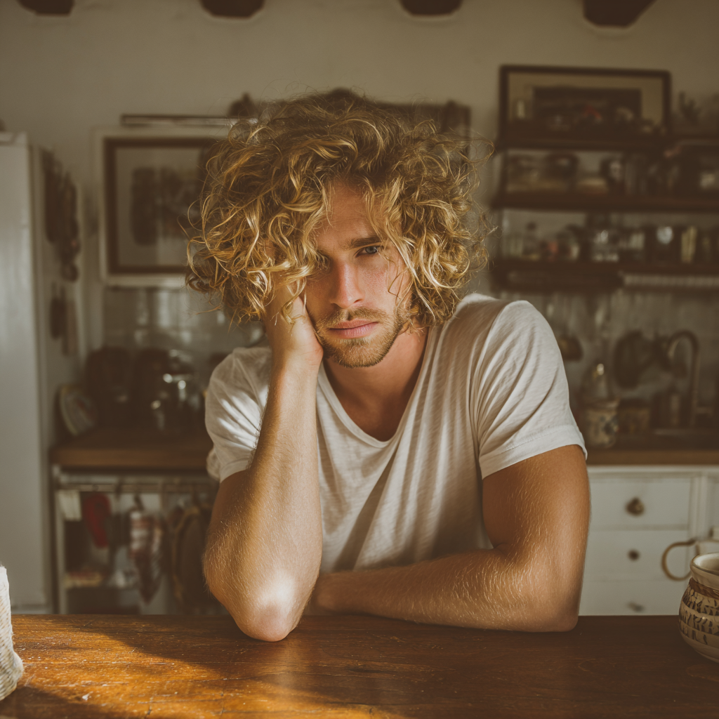 Un homme assis à un comptoir de cuisine | Source : Midjourney