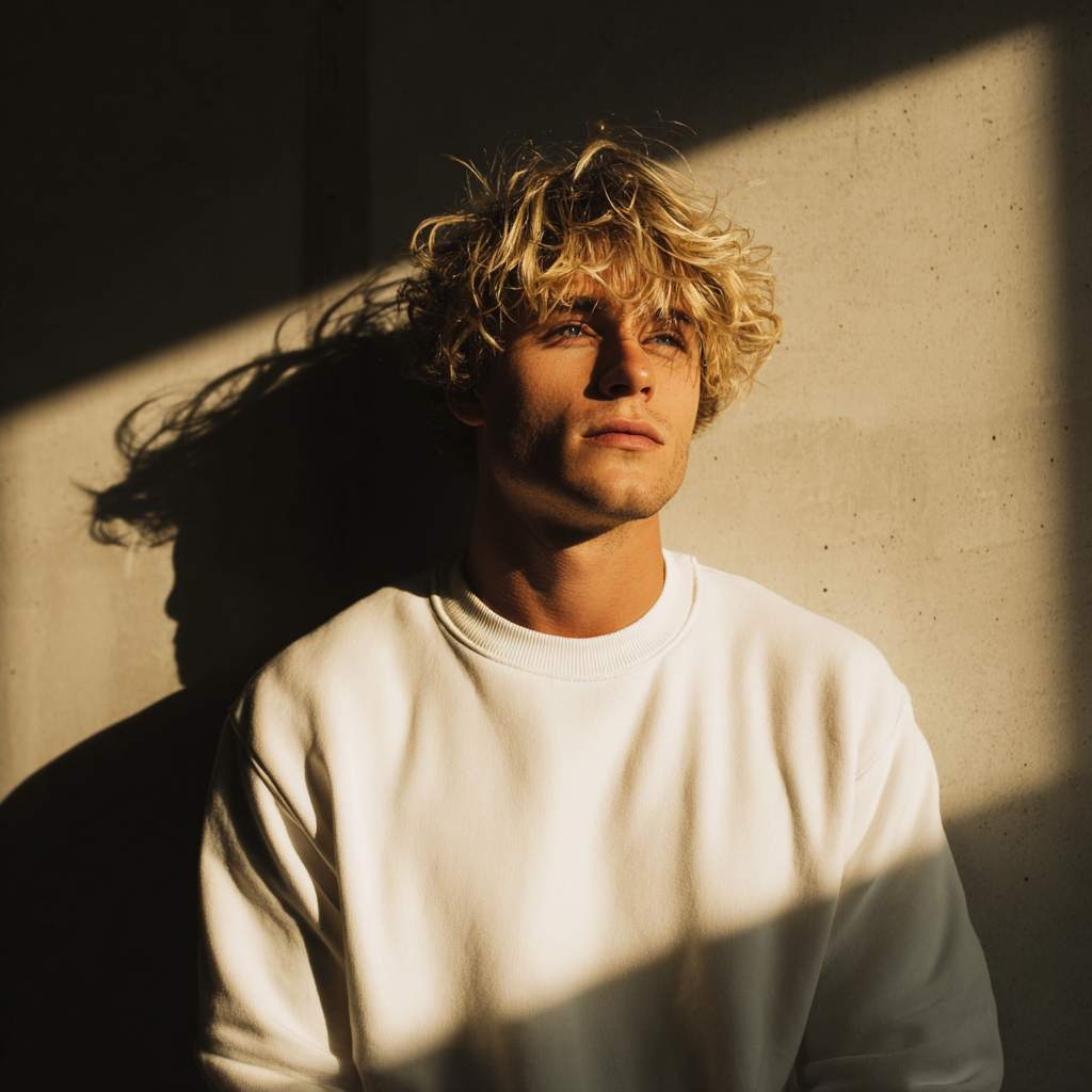 Un jeune homme portant un pull blanc | Source : Midjourney