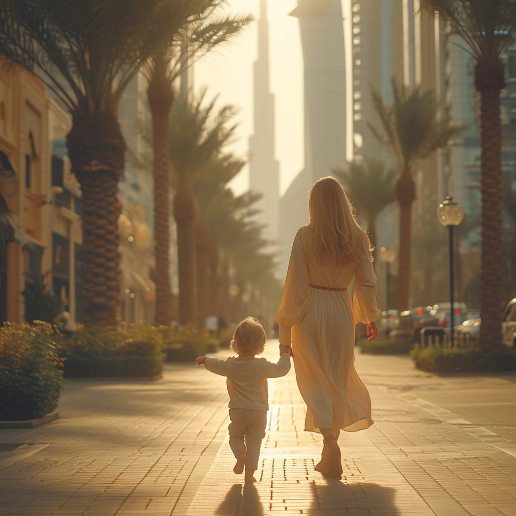 Une femme et un enfant marchant | Source : Midjourney