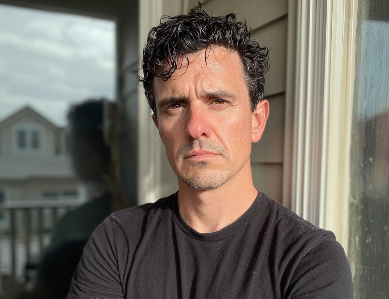 Un homme bouleversé se tenant à l'extérieur | Source : Midjourney