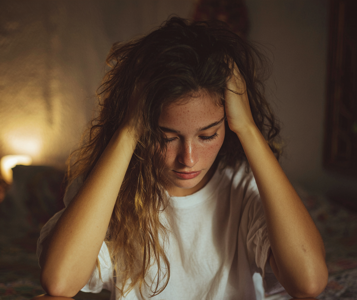 Une femme frustrée, les mains dans les cheveux | Source : Midjourney