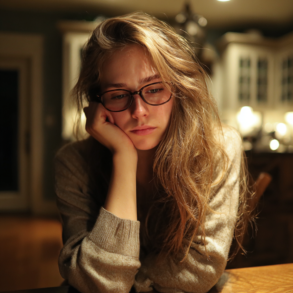 Une femme pensive assise à une table | Source : Midjourney