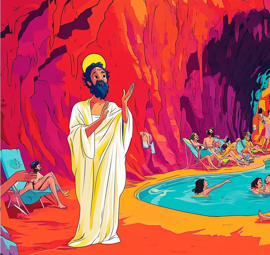 Une version caricaturale de Dieu en enfer qui a l'air confus parce que les gens s'amusent à la piscine | Source : Midjourney