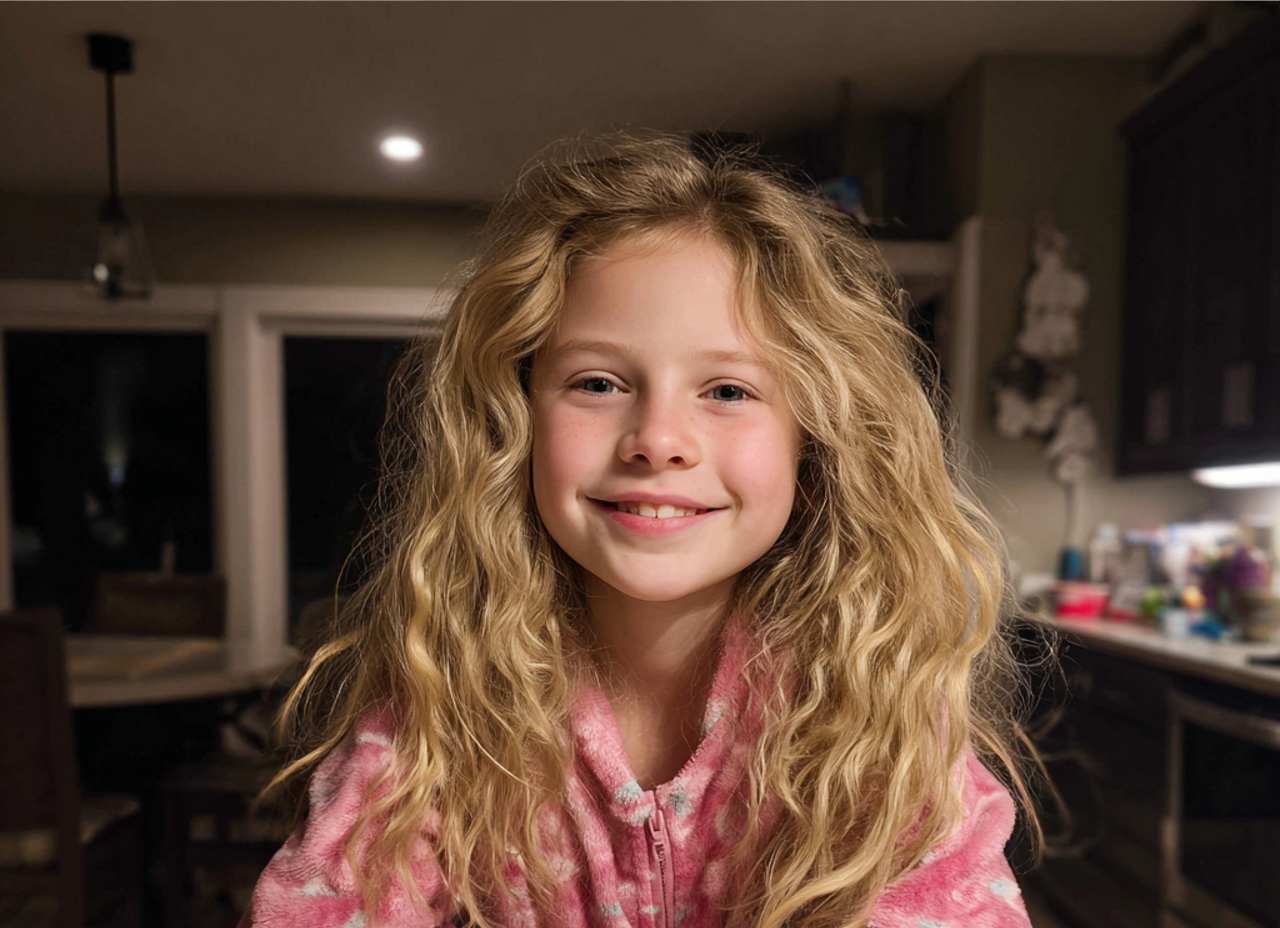 Une petite fille souriante appuyée sur un comptoir | Source : Midjourney