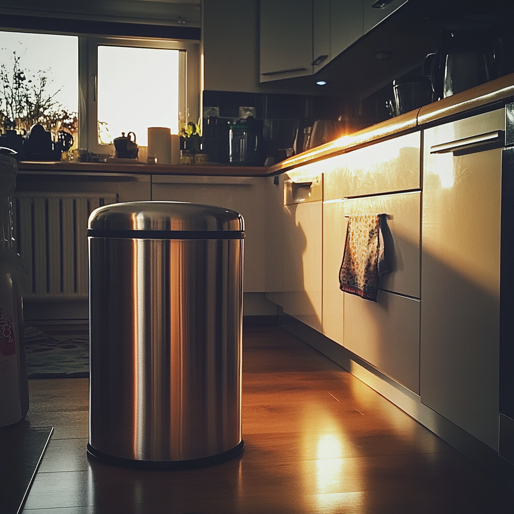 Une poubelle en argent dans une cuisine | Source : Midjourney